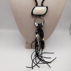 Chico’s Long Tassel Charm Necklace Black Cord Enamel Pendant 30 Inch